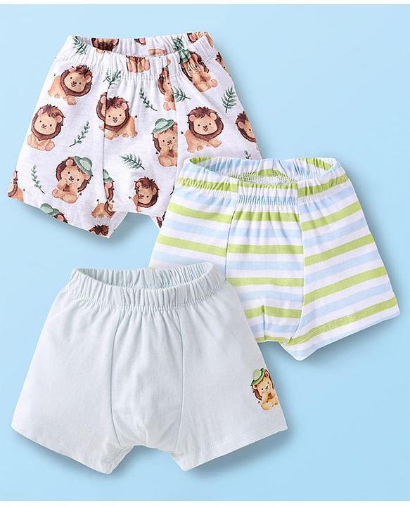 Babyhug 100% Cotton Single Jersey Knit Trunks With Stripes & Lion Print Pack Of 3 - White & Light Green