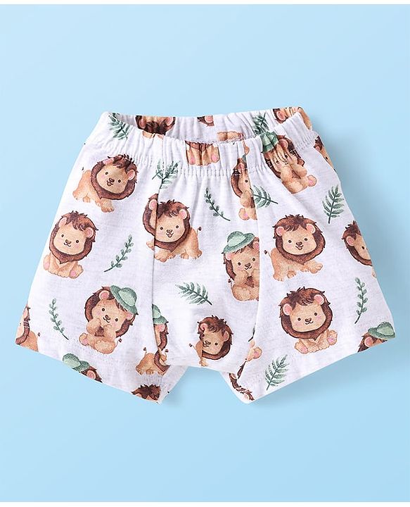 Babyhug 100% Cotton Single Jersey Knit Trunks With Stripes & Lion Print Pack Of 3 - White & Light Green