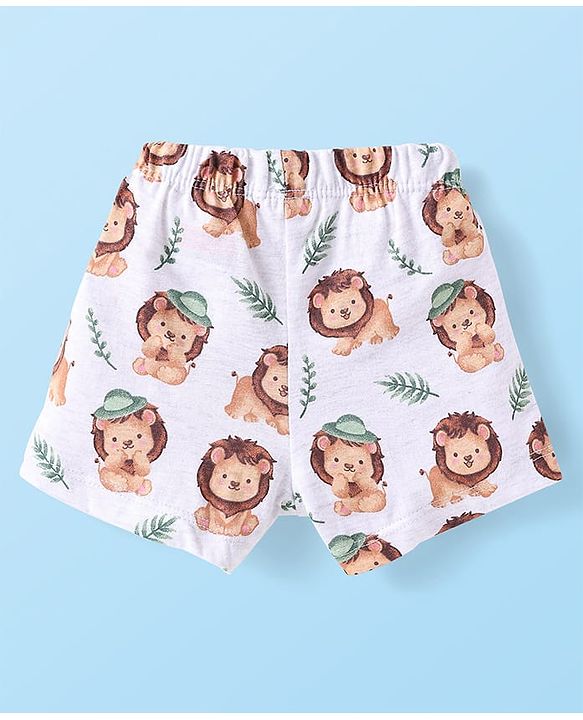 Babyhug 100% Cotton Single Jersey Knit Trunks With Stripes & Lion Print Pack Of 3 - White & Light Green