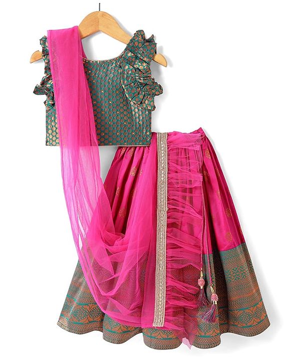Babyhug Woven Frill Sleeves Brocade Lehenga Choli & Dupatta Set- Dark Pink
