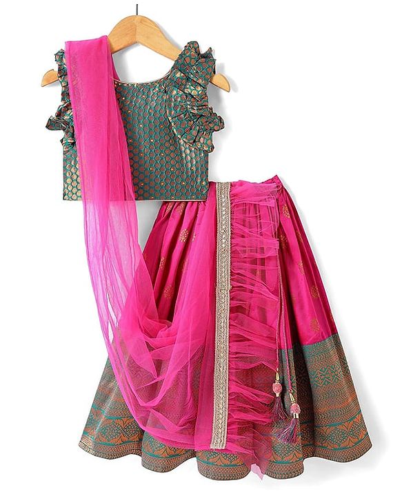 Babyhug Woven Frill Sleeves Brocade Lehenga Choli & Dupatta Set- Dark Pink
