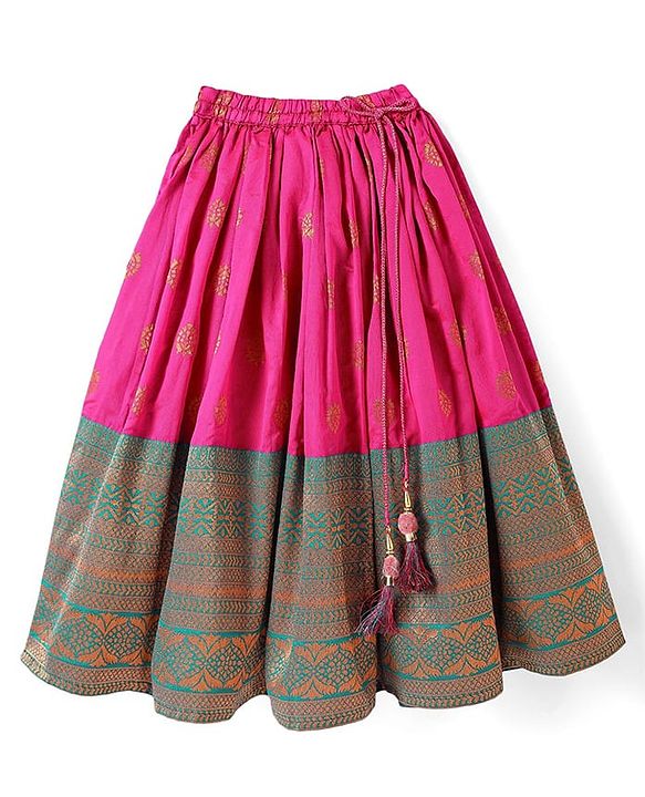 Babyhug Woven Frill Sleeves Brocade Lehenga Choli & Dupatta Set- Dark Pink