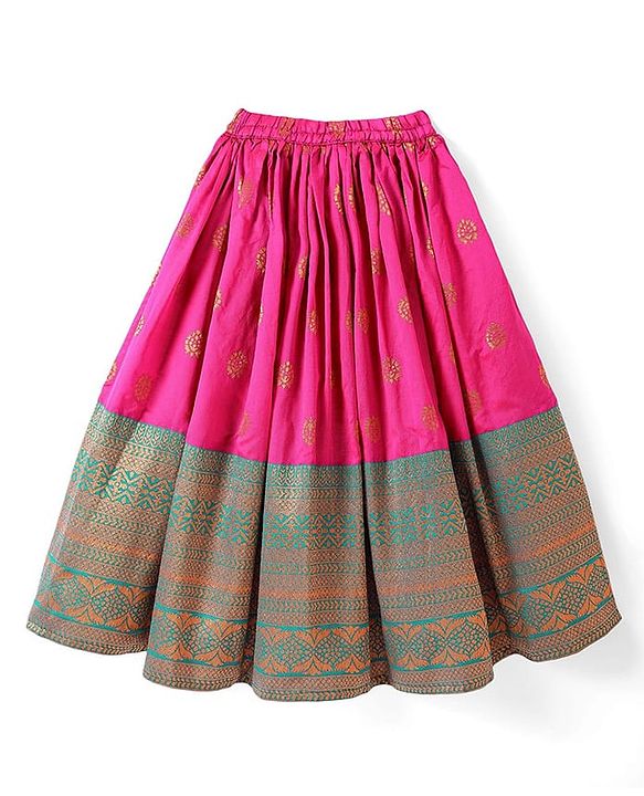 Babyhug Woven Frill Sleeves Brocade Lehenga Choli & Dupatta Set- Dark Pink