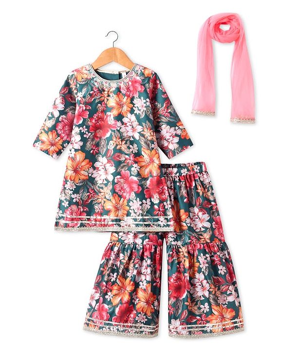 Babyhug Woven Three Fourth Sleeves Digital Floral Printed Kurta Gharara Set with Dupatta & Lace Detailing - Teal Blue