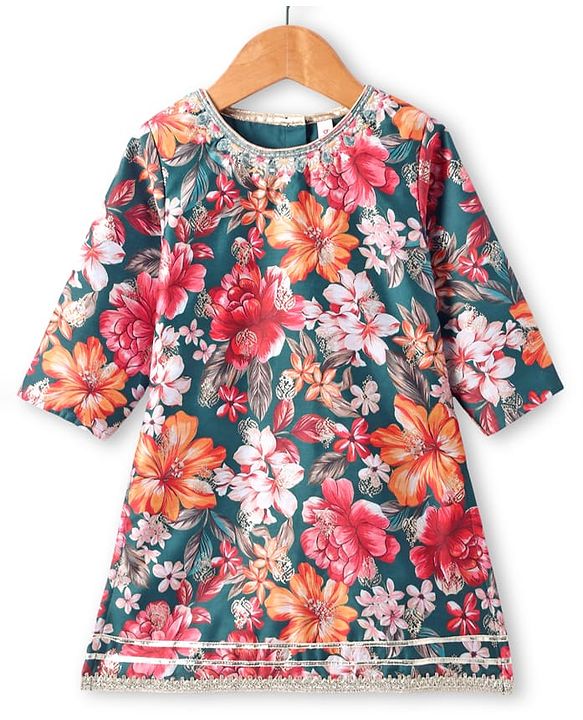 Babyhug Woven Three Fourth Sleeves Digital Floral Printed Kurta Gharara Set with Dupatta & Lace Detailing - Teal Blue