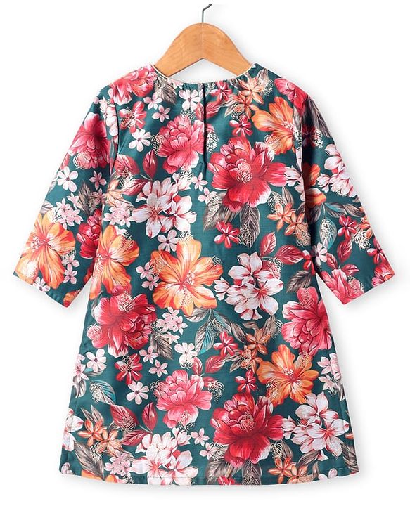 Babyhug Woven Three Fourth Sleeves Digital Floral Printed Kurta Gharara Set with Dupatta & Lace Detailing - Teal Blue