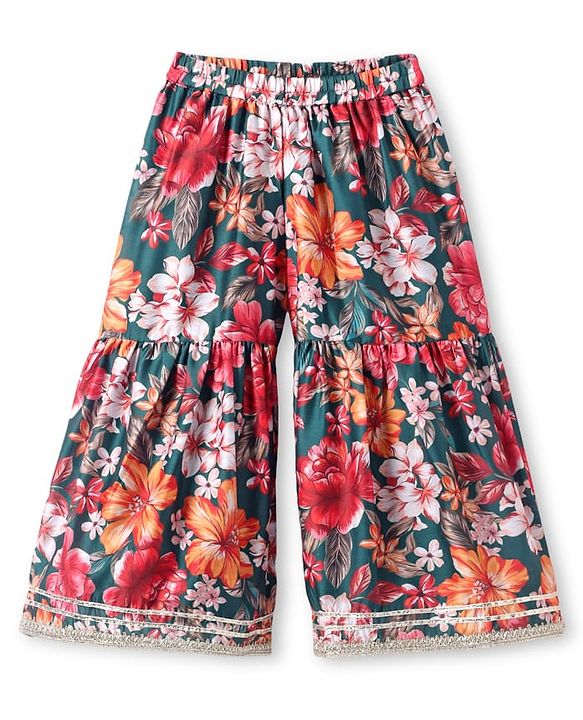 Babyhug Woven Three Fourth Sleeves Digital Floral Printed Kurta Gharara Set with Dupatta & Lace Detailing - Teal Blue