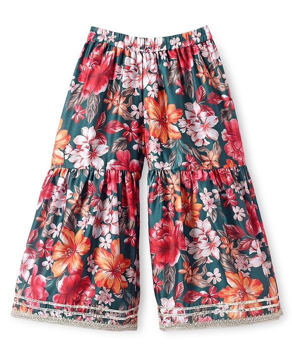 Babyhug Woven Three Fourth Sleeves Digital Floral Printed Kurta Gharara Set with Dupatta & Lace Detailing - Teal Blue