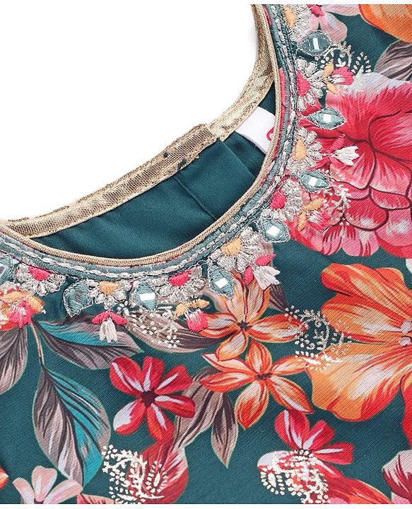 Babyhug Woven Three Fourth Sleeves Digital Floral Printed Kurta Gharara Set with Dupatta & Lace Detailing - Teal Blue