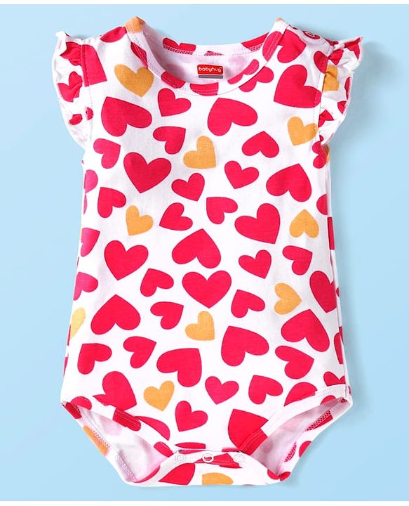 Babyhug 100% Cotton Knit Frill Sleeves Heart Printed Onesie - White & Red