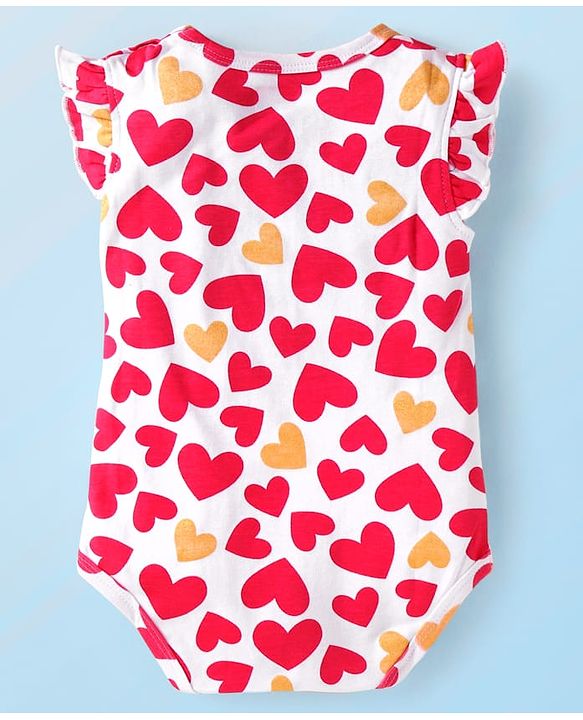 Babyhug 100% Cotton Knit Frill Sleeves Heart Printed Onesie - White & Red