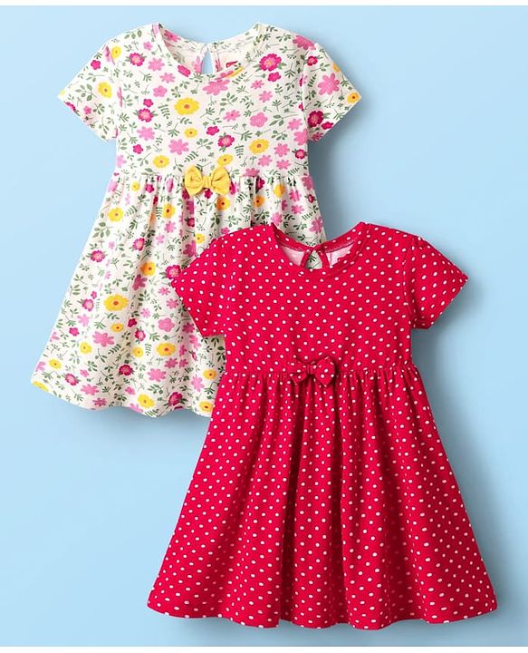 Babyhug Single Jersey Knit Half Sleeves Floral & Polka Dot Printed Frocks With Bow Applique Pack of 2 - Red & White