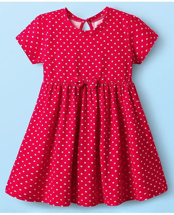 Babyhug Single Jersey Knit Half Sleeves Floral & Polka Dot Printed Frocks With Bow Applique Pack of 2 - Red & White