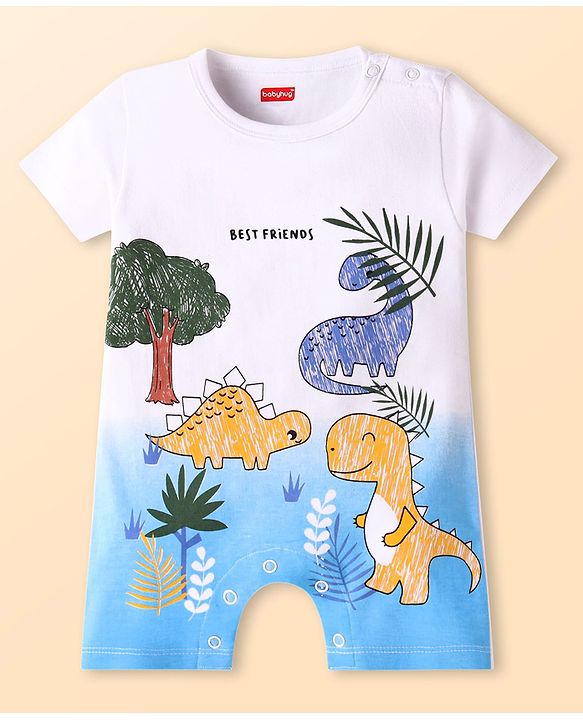 Babyhug Interlock Knit Half Sleeves Romper With Dino Print - White & Blue