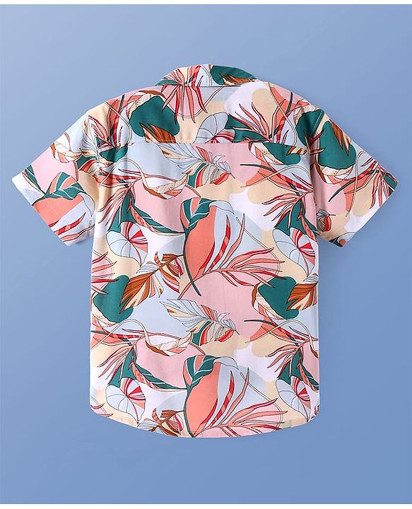 Pine Kids Woven Half Sleeves Tropical Theme Printed Shirt - Pink & Light Blue