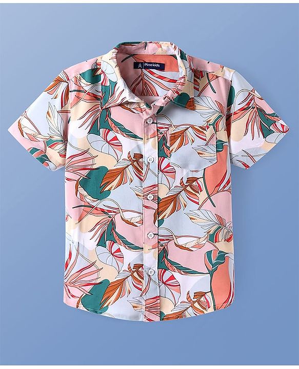 Pine Kids Woven Half Sleeves Tropical Theme Printed Shirt - Pink & Light Blue