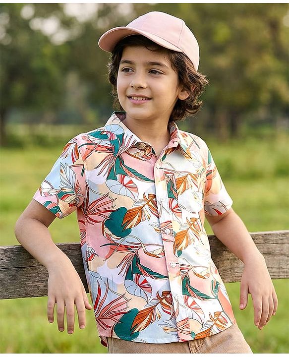 Pine Kids Woven Half Sleeves Tropical Theme Printed Shirt - Pink & Light Blue