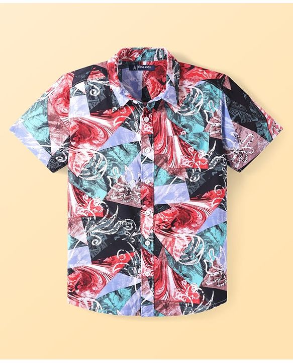 Pine Kids Viscose Woven Half Sleeves Printed Shirt - Dark Red Blue & Black