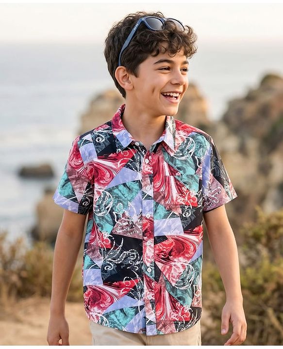 Pine Kids Viscose Woven Half Sleeves Printed Shirt - Dark Red Blue & Black
