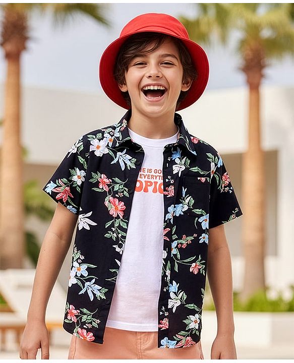 Pine Kids Viscose Woven Half Sleeves Floral Printed Shirt with T-Shirt - Blue & Black