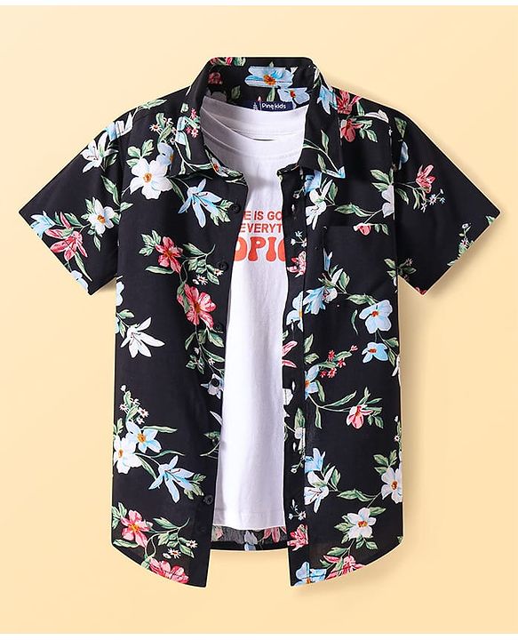 Pine Kids Viscose Woven Half Sleeves Floral Printed Shirt with T-Shirt - Blue & Black