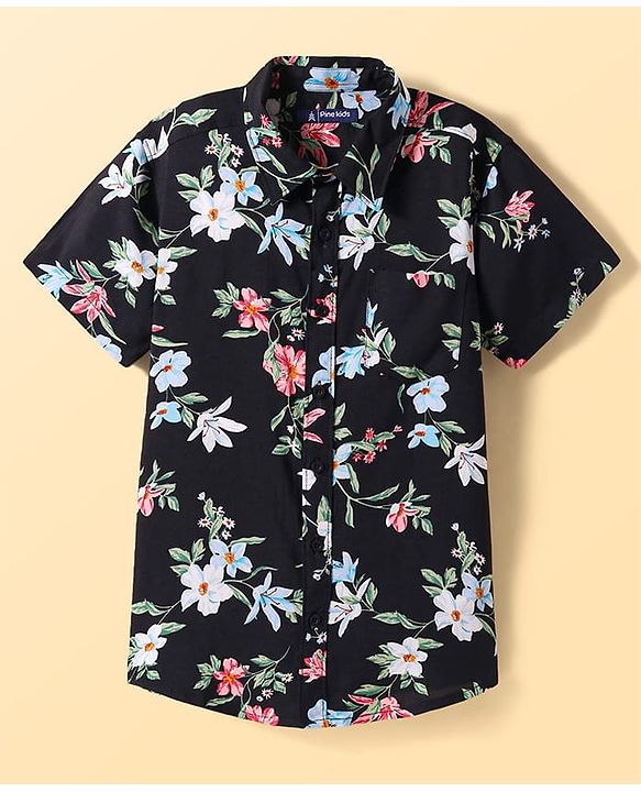 Pine Kids Viscose Woven Half Sleeves Floral Printed Shirt with T-Shirt - Blue & Black