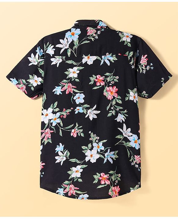Pine Kids Viscose Woven Half Sleeves Floral Printed Shirt with T-Shirt - Blue & Black