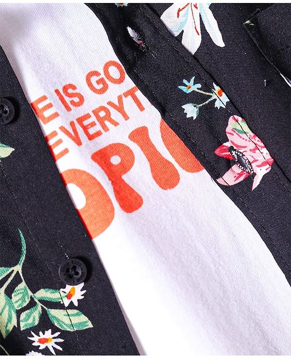 Pine Kids Viscose Woven Half Sleeves Floral Printed Shirt with T-Shirt - Blue & Black