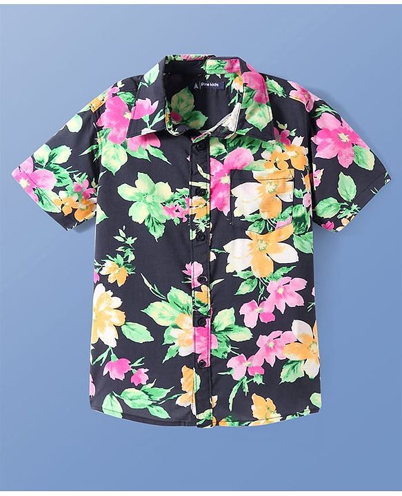Pine Kids Viscose Woven Half Sleeves Shirt with Floral Print - Black