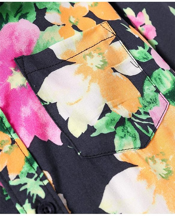 Pine Kids Viscose Woven Half Sleeves Shirt with Floral Print - Black