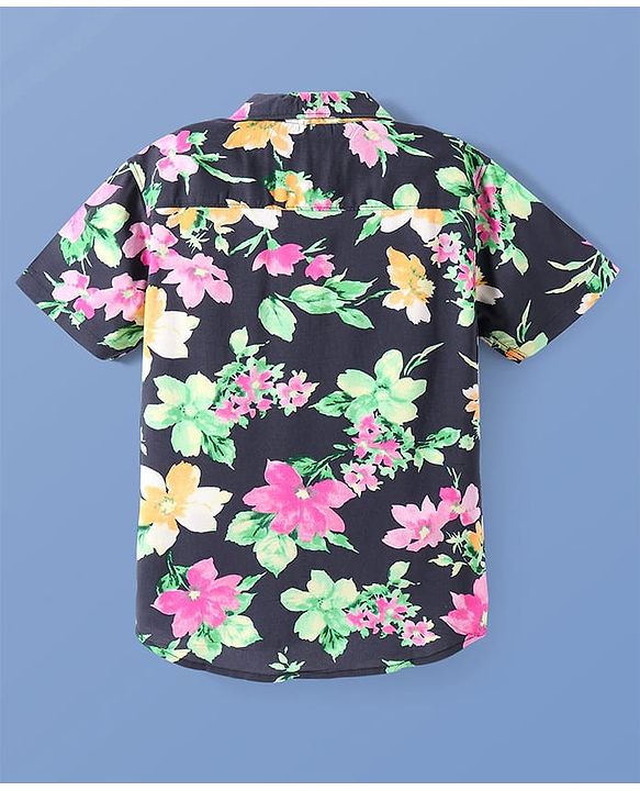 Pine Kids Viscose Woven Half Sleeves Shirt with Floral Print - Black