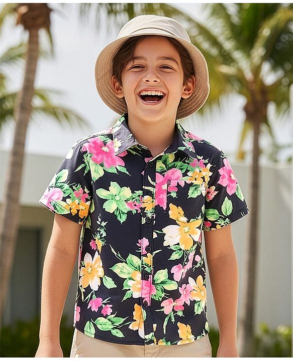 Pine Kids Viscose Woven Half Sleeves Shirt with Floral Print - Black