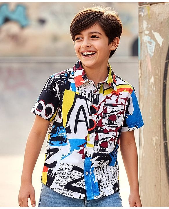 Pine Kids Woven Half Sleeves Text Printed Shirt - Blue & Black