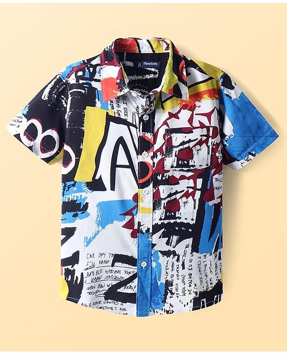 Pine Kids Woven Half Sleeves Text Printed Shirt - Blue & Black