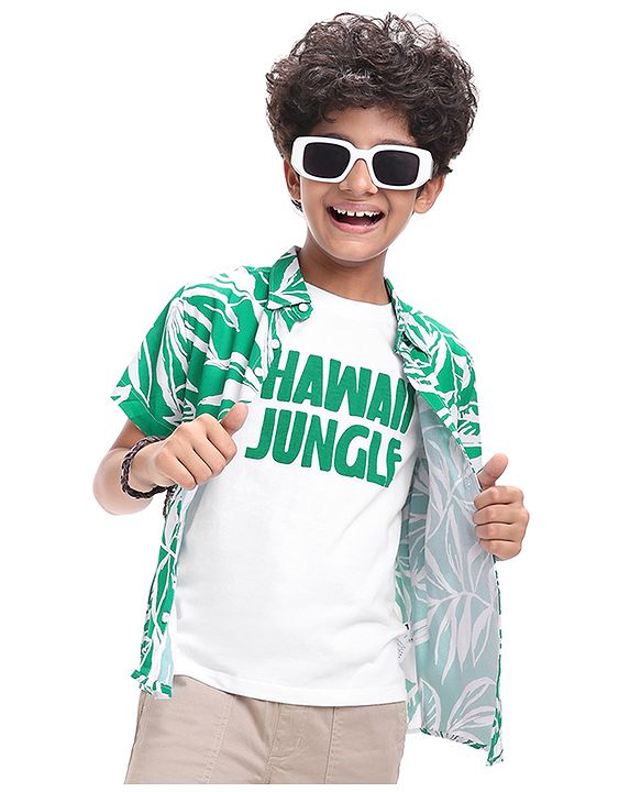 Pine Kids Viscose Woven Half Sleeves Tropical Theme Print Shirt with Sleeveless Inner T-Shirt - Green & White