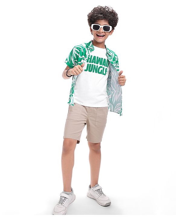 Pine Kids Viscose Woven Half Sleeves Tropical Theme Print Shirt with Sleeveless Inner T-Shirt - Green & White