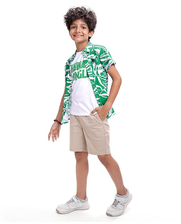 Pine Kids Viscose Woven Half Sleeves Tropical Theme Print Shirt with Sleeveless Inner T-Shirt - Green & White