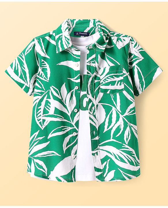 Pine Kids Viscose Woven Half Sleeves Tropical Theme Print Shirt with Sleeveless Inner T-Shirt - Green & White