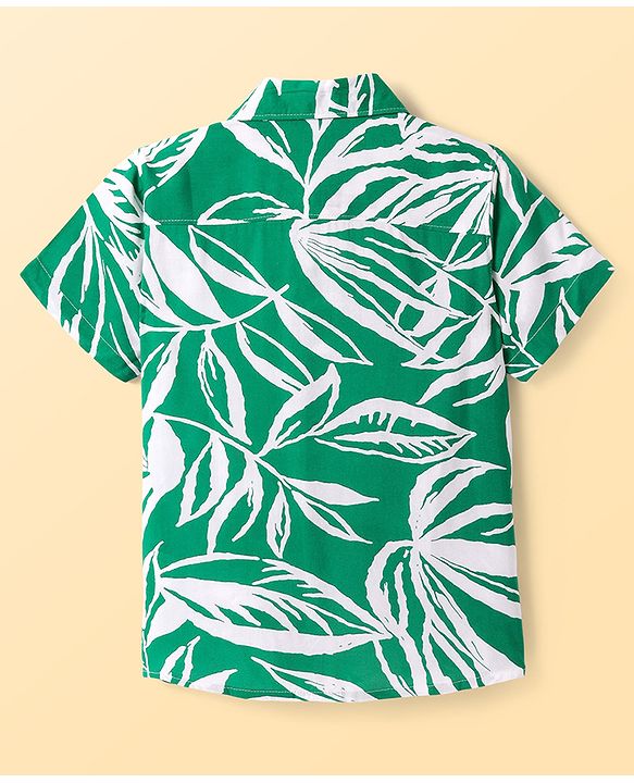 Pine Kids Viscose Woven Half Sleeves Tropical Theme Print Shirt with Sleeveless Inner T-Shirt - Green & White