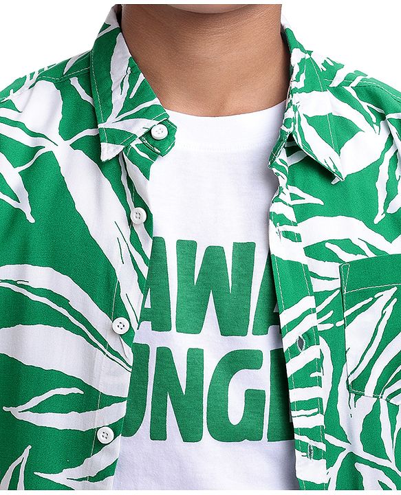 Pine Kids Viscose Woven Half Sleeves Tropical Theme Print Shirt with Sleeveless Inner T-Shirt - Green & White