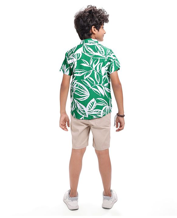 Pine Kids Viscose Woven Half Sleeves Tropical Theme Print Shirt with Sleeveless Inner T-Shirt - Green & White