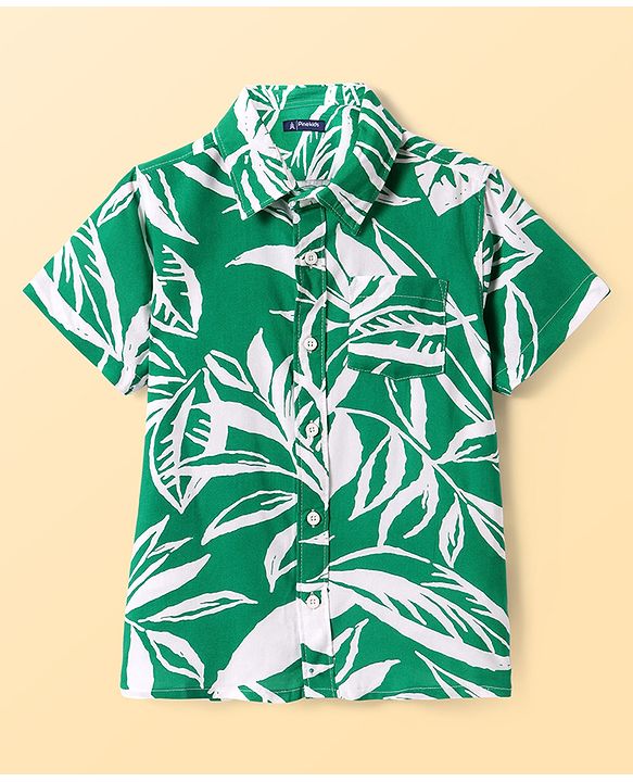 Pine Kids Viscose Woven Half Sleeves Tropical Theme Print Shirt with Sleeveless Inner T-Shirt - Green & White