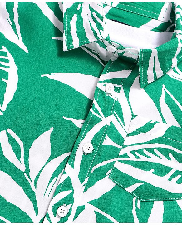 Pine Kids Viscose Woven Half Sleeves Tropical Theme Print Shirt with Sleeveless Inner T-Shirt - Green & White