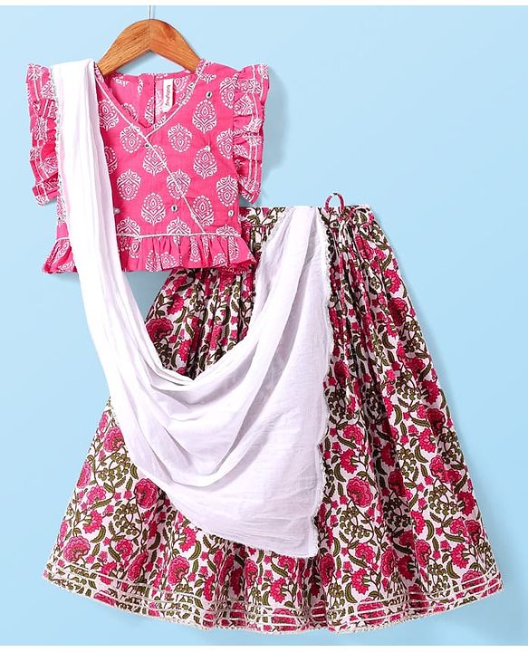 Babyhug Cotton Woven Frilled Sleeves Floral Printed Choli Lehenga Set with Dupatta - White & Pink