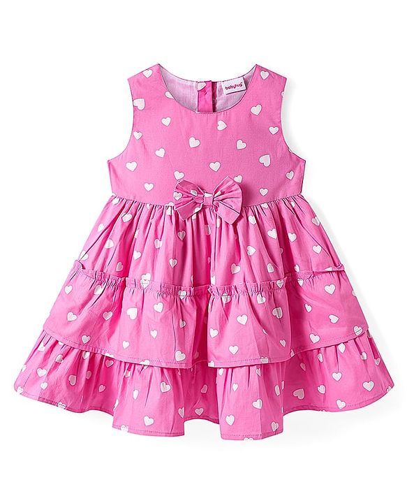 Babyhug Cotton Woven Sleeveless Frock With Bow Applique & Heart Print - Pink