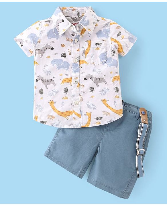 Babyhug Cotton Woven Half Sleeves Leaf Printed Shirt & Denim Shorts Set - White & Blue