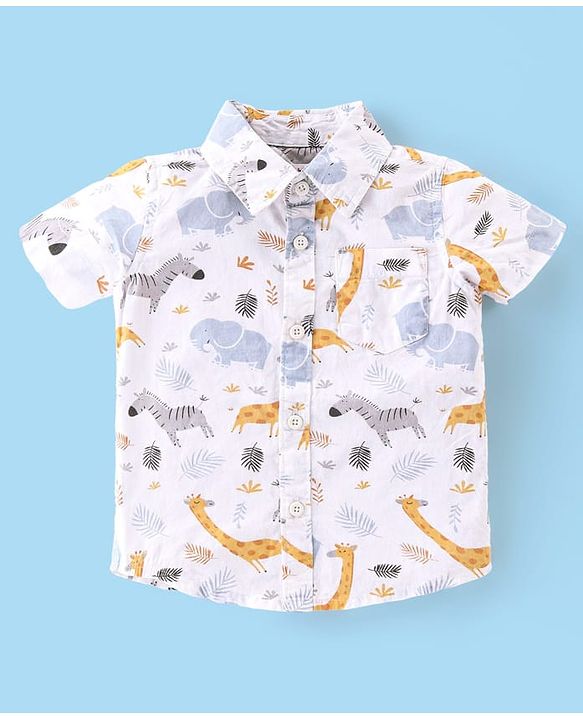 Babyhug Cotton Woven Half Sleeves Leaf Printed Shirt & Denim Shorts Set - White & Blue