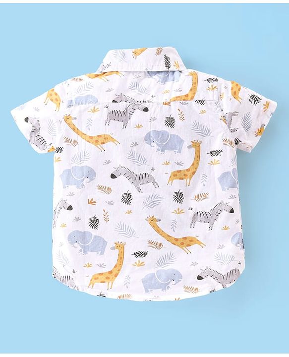 Babyhug Cotton Woven Half Sleeves Leaf Printed Shirt & Denim Shorts Set - White & Blue