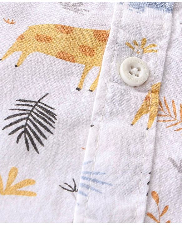 Babyhug Cotton Woven Half Sleeves Leaf Printed Shirt & Denim Shorts Set - White & Blue