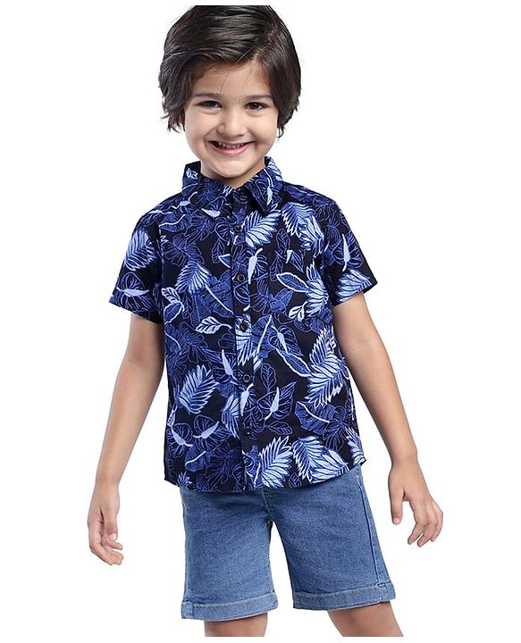 Babyhug Cotton Woven Half Sleeves Tropical Theme Printed Shirt & Solid Denim Shorts Set - Navy Blue